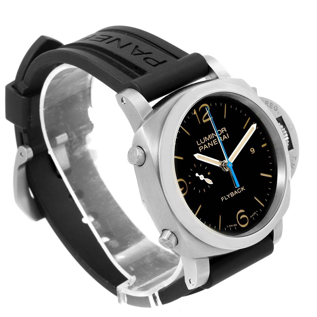 The Panerai Luminor PAM00524 Men's Stainless Steel Black Dial PAM00524 Men's Stainless Steel Black Dial watch is shown at a three-quarter angle, highlighting the face, bezel, and black rubber strap.