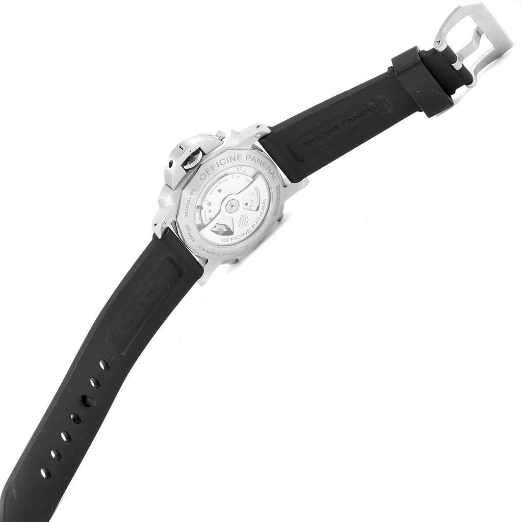 The image shows the back view of a Panerai Luminor PAM00524 Men's Stainless Steel Black Dial PAM00524 Men's Stainless Steel Black Dial model watch, focusing on its case back and black rubber strap.