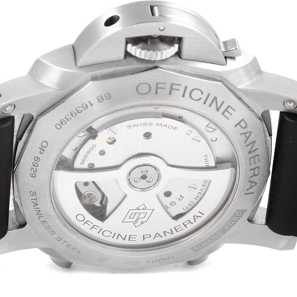 The image shows the back of a Panerai Luminor PAM00524 Men's Stainless Steel Black Dial PAM00524 Men's Stainless Steel Black Dial watch, featuring the transparent case back and movement details.