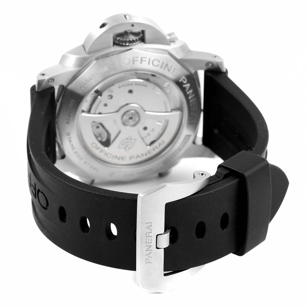 The image shows the back view of a Panerai Luminor PAM00524 Men's Stainless Steel Black Dial PAM00524 Men's Stainless Steel Black Dial watch, highlighting the case back and black rubber strap with a buckle.