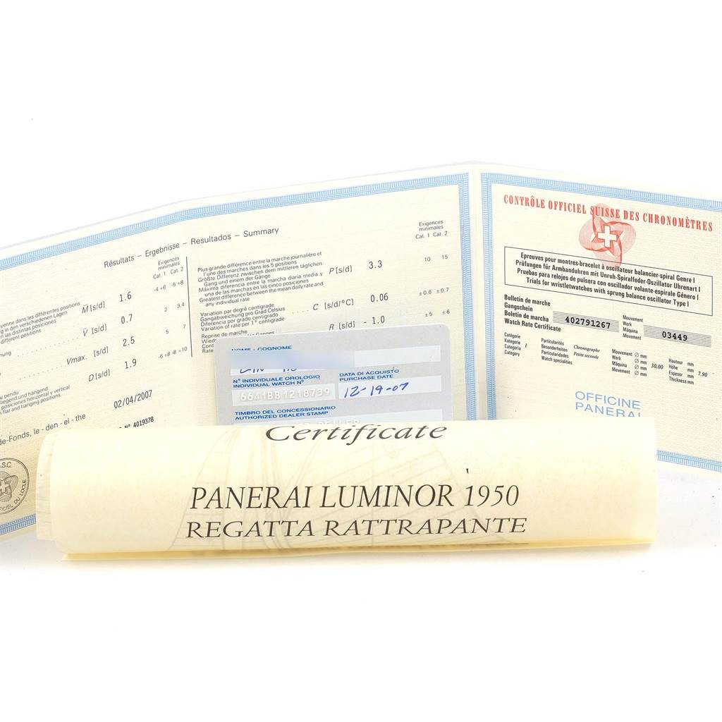 The image shows certificates and documentation for a Panerai Luminor PAM00286 Men's Stainless Steel Black Dial PAM00286 Men's Stainless Steel Black Dial 1950 Regatta Rattrapante watch.