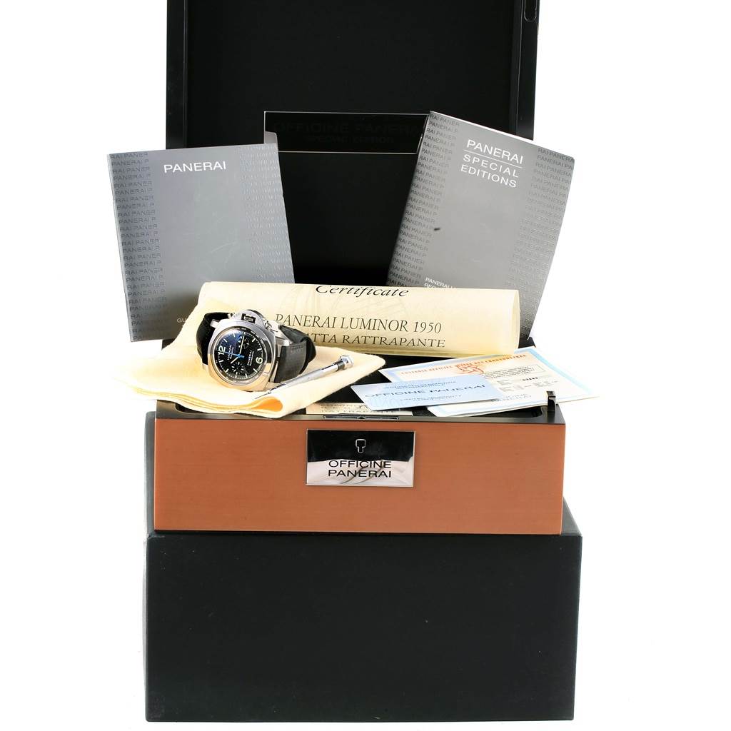 The image shows a Panerai Luminor PAM00286 Men's Stainless Steel Black Dial PAM00286 Men's Stainless Steel Black Dial watch positioned in its open box with accompanying booklets, certificates, and a cleaning cloth.