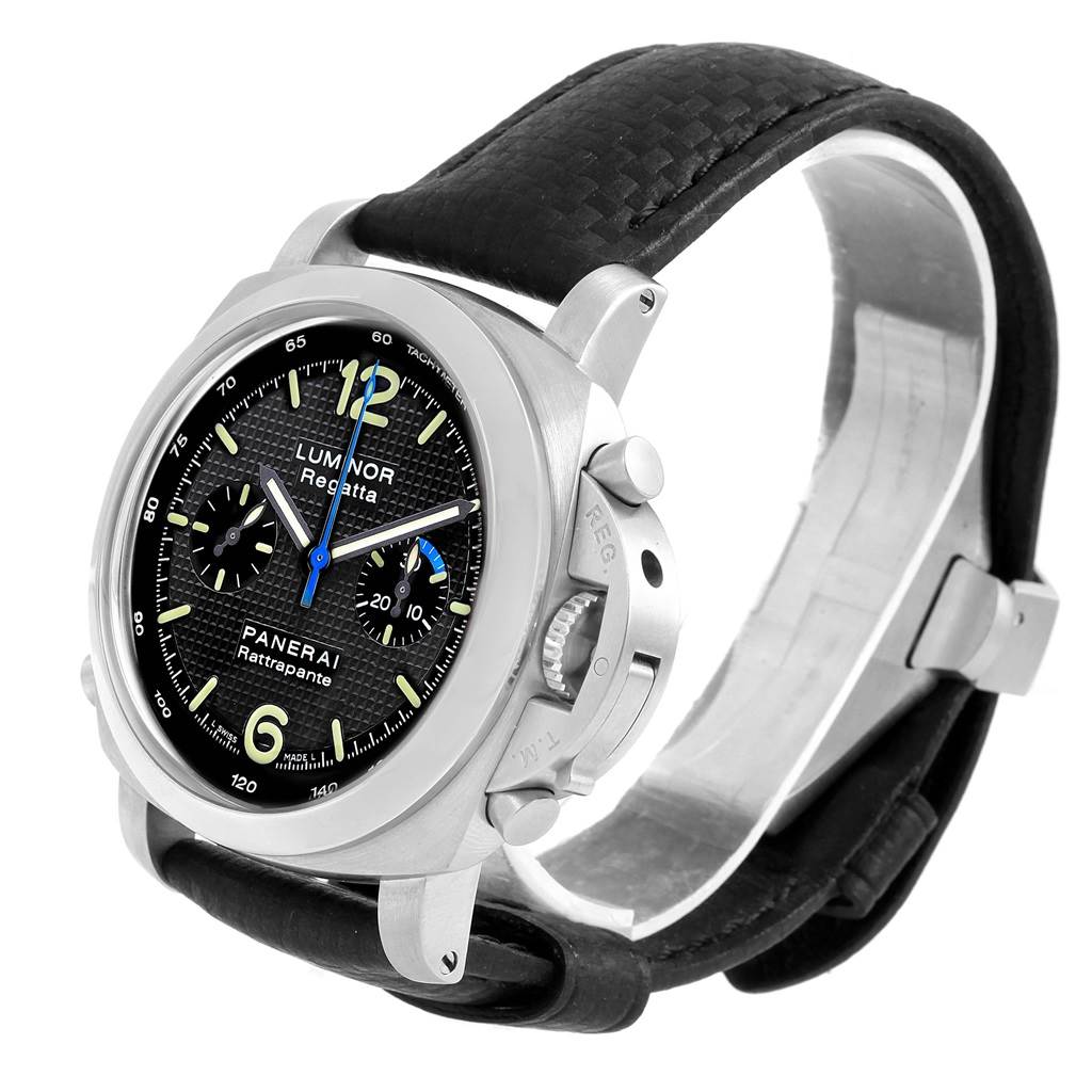 The image shows a Panerai Luminor PAM00286 Men's Stainless Steel Black Dial PAM00286 Men's Stainless Steel Black Dial watch from an angled side view, highlighting the face, crown guard, and leather strap.
