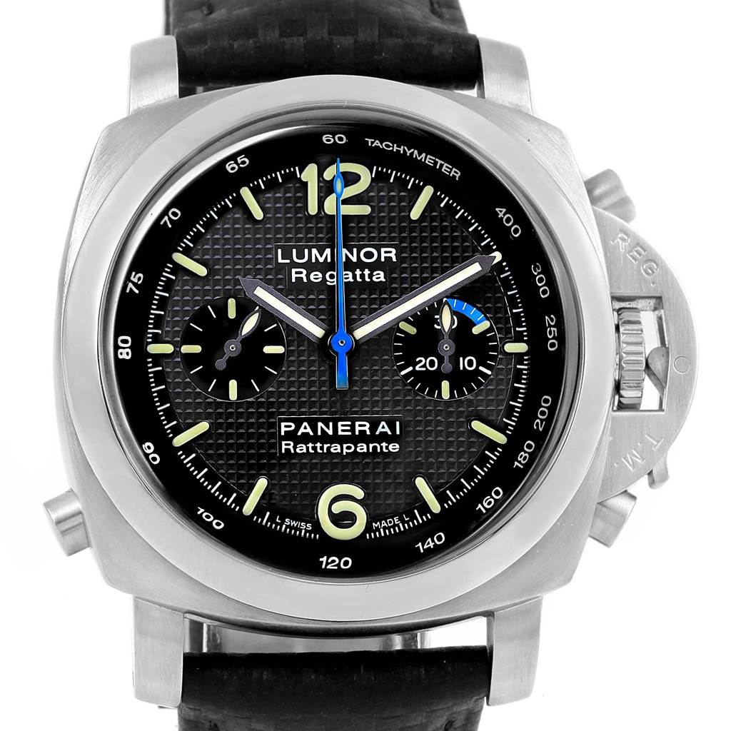 The image shows a front view of a Panerai Luminor PAM00286 Men's Stainless Steel Black Dial PAM00286 Men's Stainless Steel Black Dial Regatta Rattrapante watch, displaying the face and part of the strap.