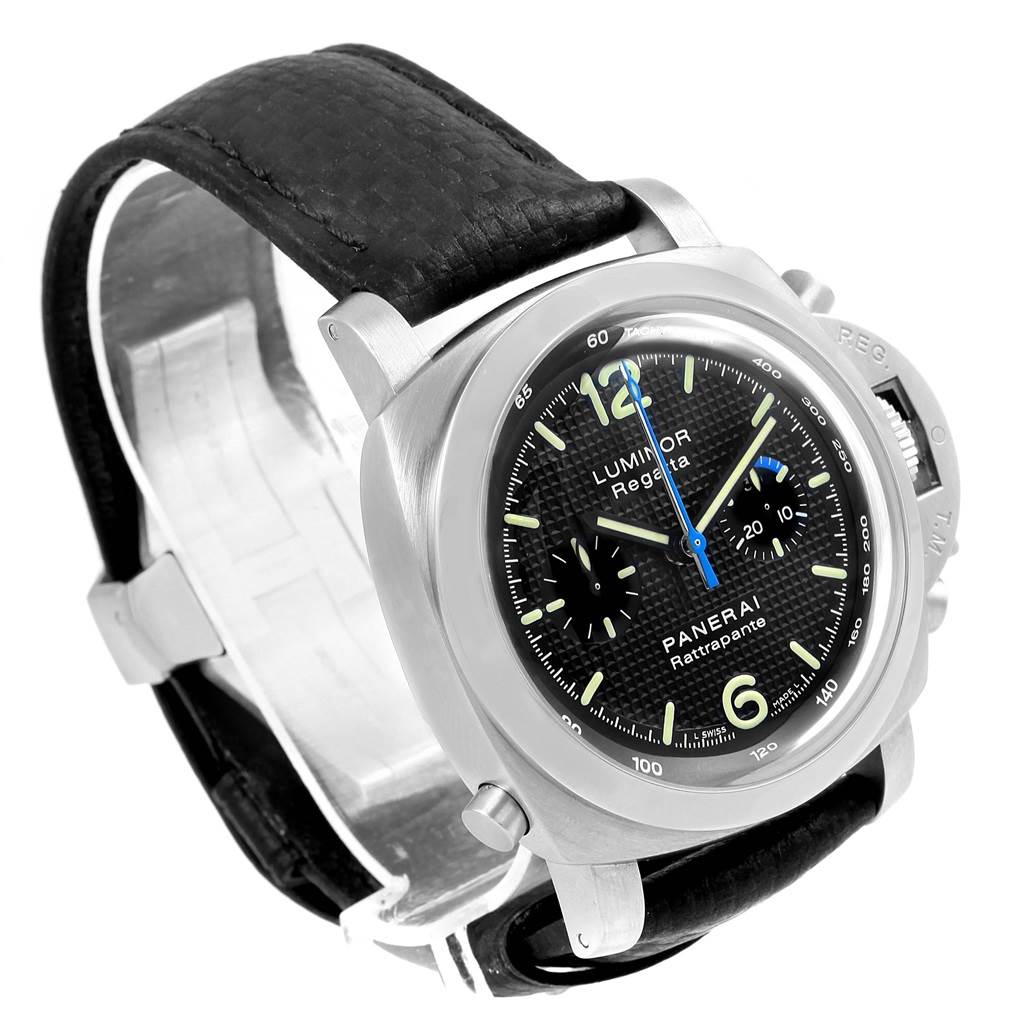 The image shows a Panerai Luminor PAM00286 Men's Stainless Steel Black Dial PAM00286 Men's Stainless Steel Black Dial watch viewed at a front angle, highlighting its dial, bezel, and leather strap.