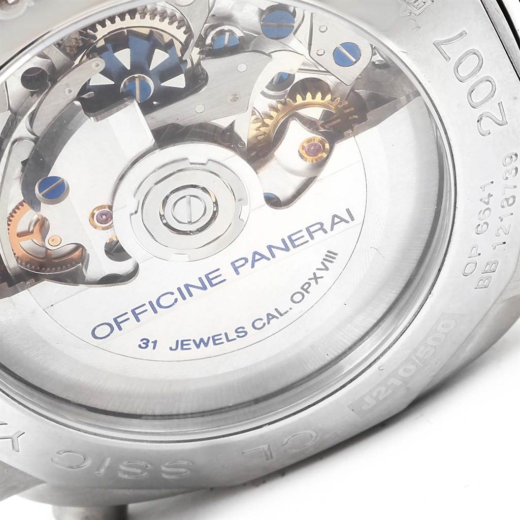 This image shows the back view of a Panerai Luminor PAM00286 Men's Stainless Steel Black Dial PAM00286 Men's Stainless Steel Black Dial watch, highlighting its mechanical movement and details.