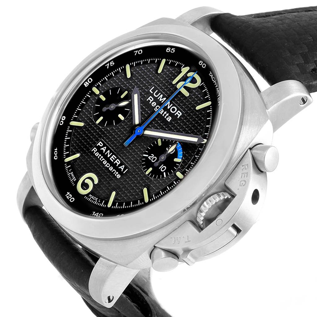 This image shows a close-up side angle of the Panerai Luminor PAM00286 Men's Stainless Steel Black Dial PAM00286 Men's Stainless Steel Black Dial Regatta watch, highlighting its dial and crown guard.