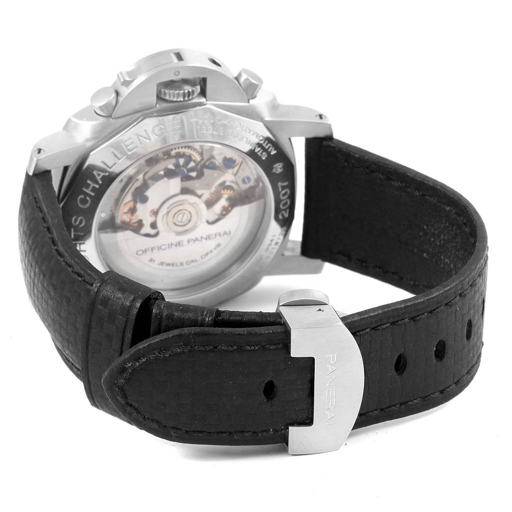 The image shows the back view of a Panerai Luminor PAM00286 Men's Stainless Steel Black Dial PAM00286 Men's Stainless Steel Black Dial watch, highlighting the movement mechanism and black leather strap.