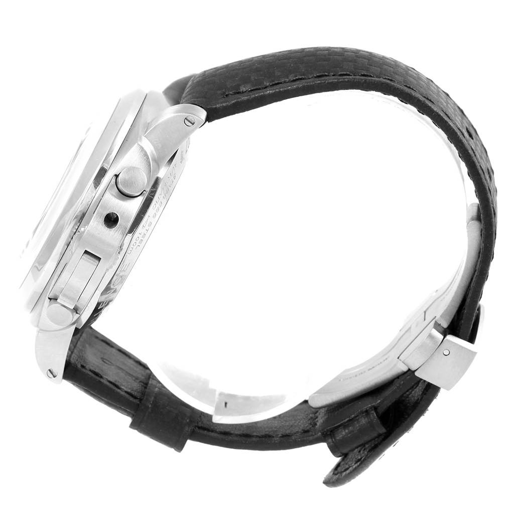 The image shows a side view of a Panerai Luminor PAM00286 Men's Stainless Steel Black Dial PAM00286 Men's Stainless Steel Black Dial watch, highlighting its case, crown guard, and leather strap.