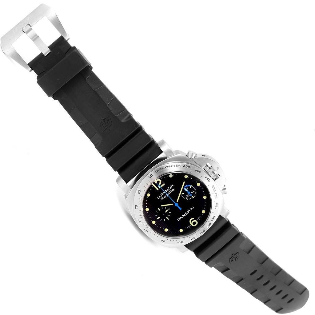 This image shows a Panerai Luminor PAM00308 Men
s Stainless Steel Black Dial PAM00308 Men
s Stainless Steel Black Dial watch, featuring an angled view highlighting its black rubber strap and detailed dial.