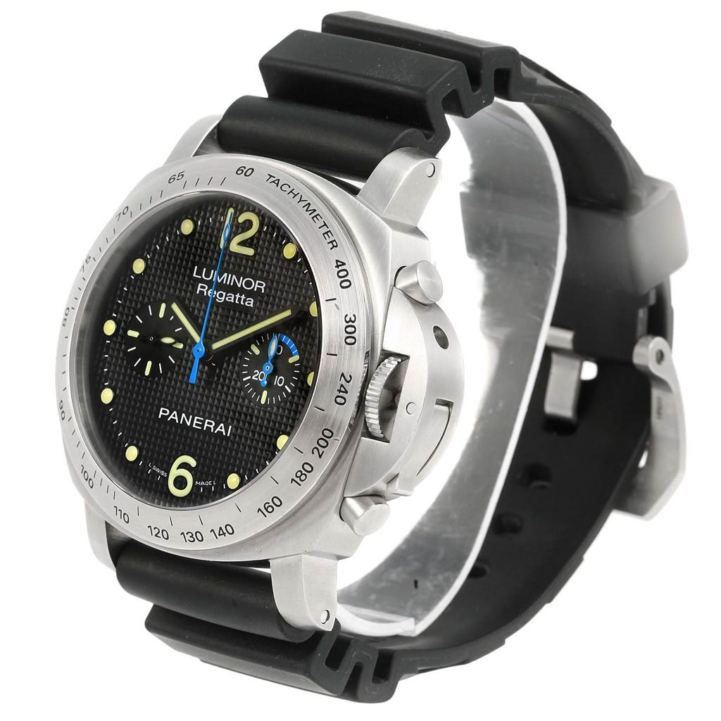 The image shows a Panerai Luminor PAM00308 Men
s Stainless Steel Black Dial PAM00308 Men
s Stainless Steel Black Dial Regatta watch from a three-quarter angle, highlighting the dial, tachymeter bezel, and rubber strap.