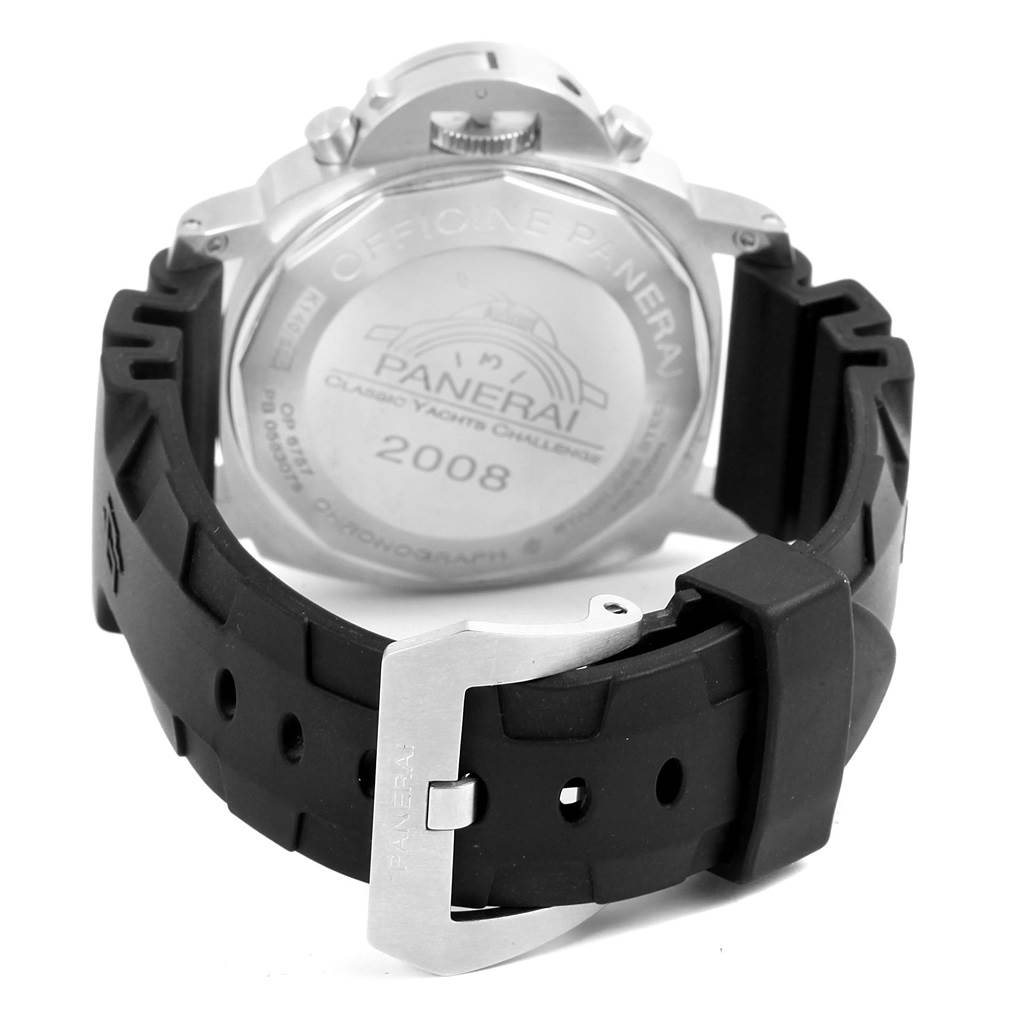 The image shows the back view of a Panerai Luminor PAM00308 Men
s Stainless Steel Black Dial PAM00308 Men
s Stainless Steel Black Dial watch, highlighting the case back and rubber strap with the buckle.
