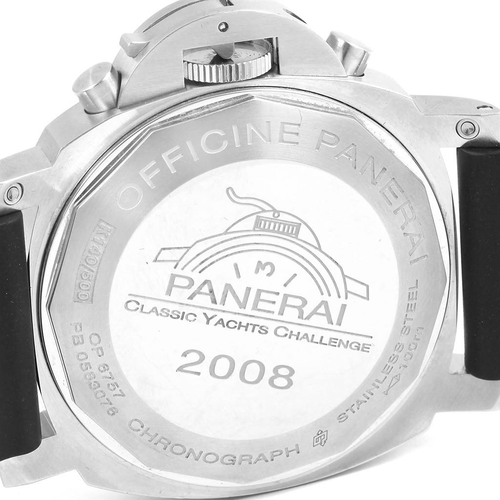 The image shows the back case and crown guard of a Panerai Luminor PAM00308 Men
s Stainless Steel Black Dial PAM00308 Men
s Stainless Steel Black Dial watch, featuring engraving details of the watch model and event.