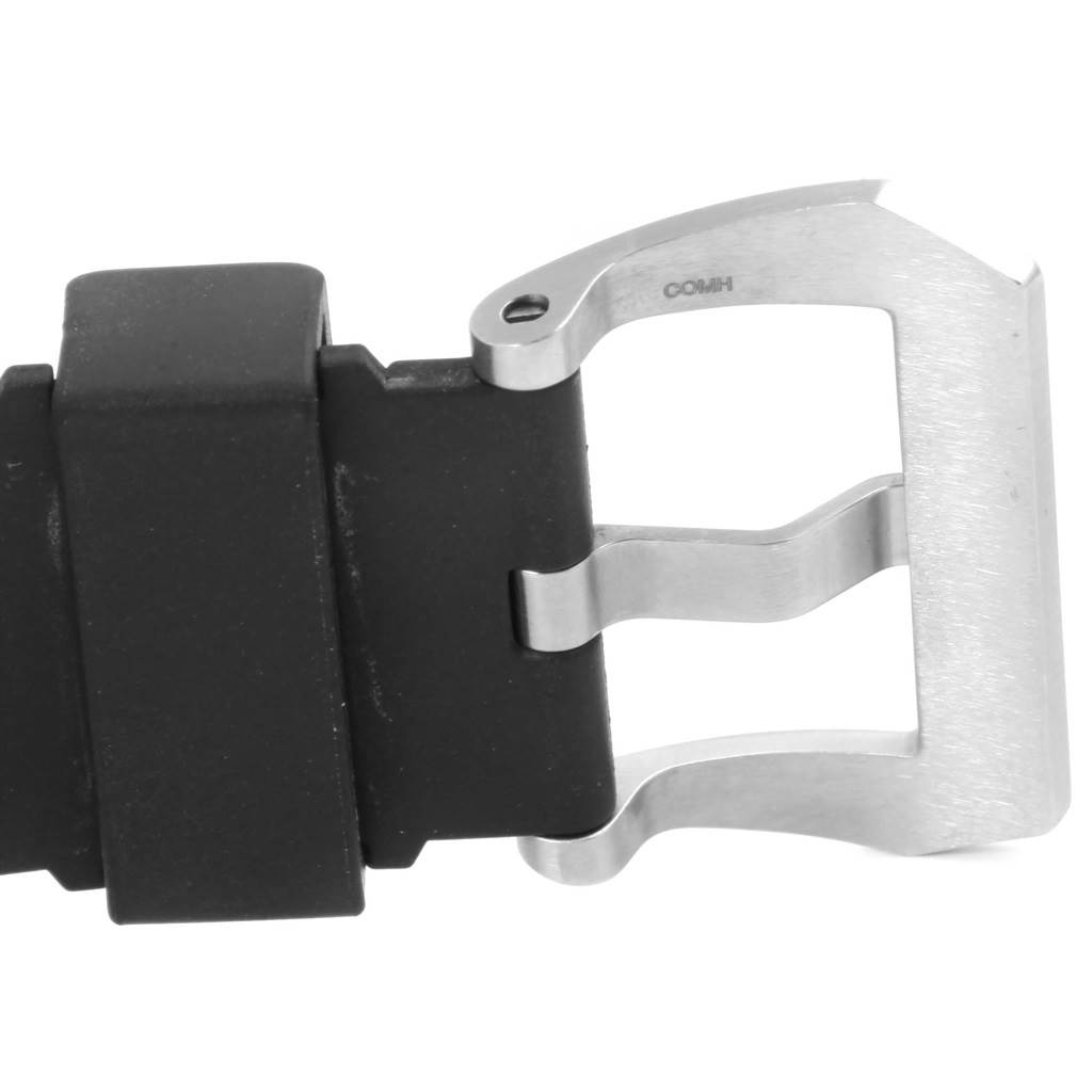 This image shows a close-up angle of the buckle and strap of a Panerai Luminor PAM00308 Men
s Stainless Steel Black Dial PAM00308 Men
s Stainless Steel Black Dial watch.