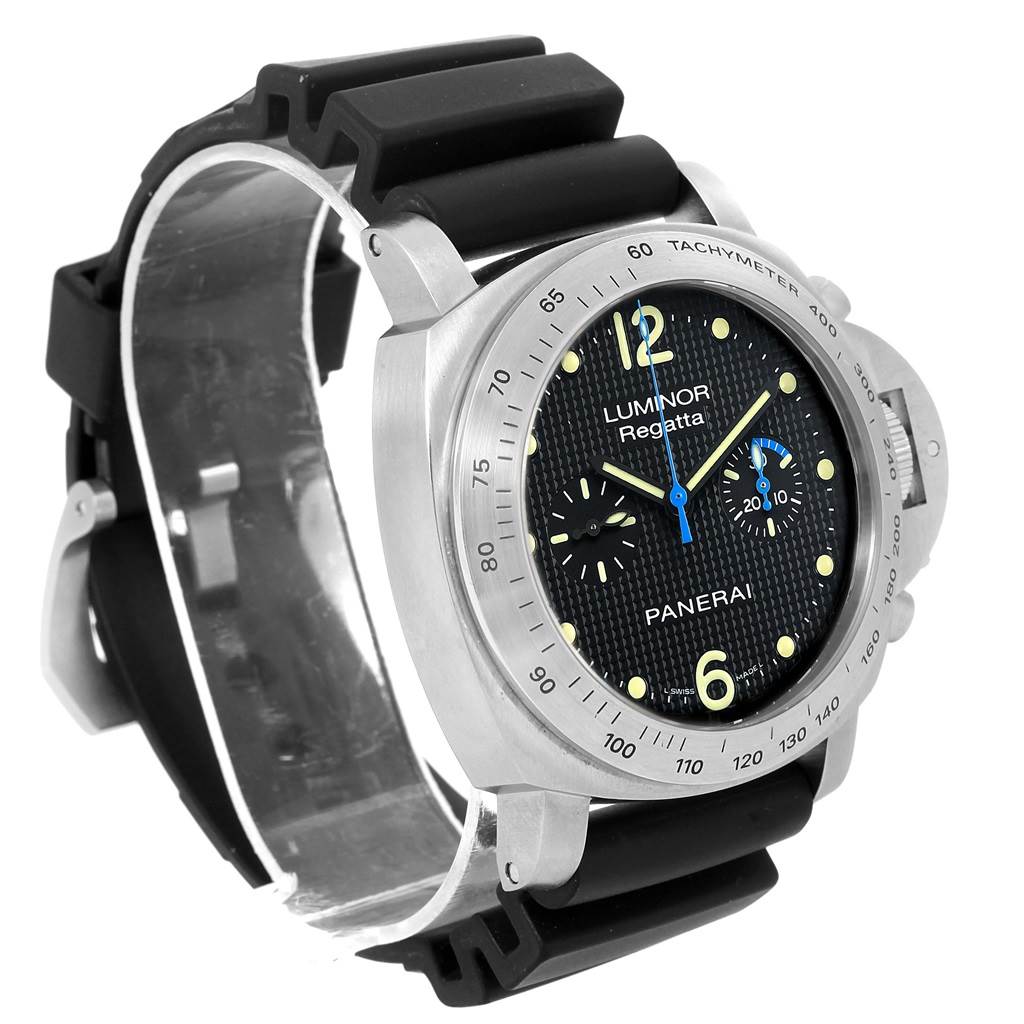 The image shows a Panerai Luminor PAM00308 Men
s Stainless Steel Black Dial PAM00308 Men
s Stainless Steel Black Dial Regatta watch angled slightly from the front-left, highlighting its dial, bezel, and strap.