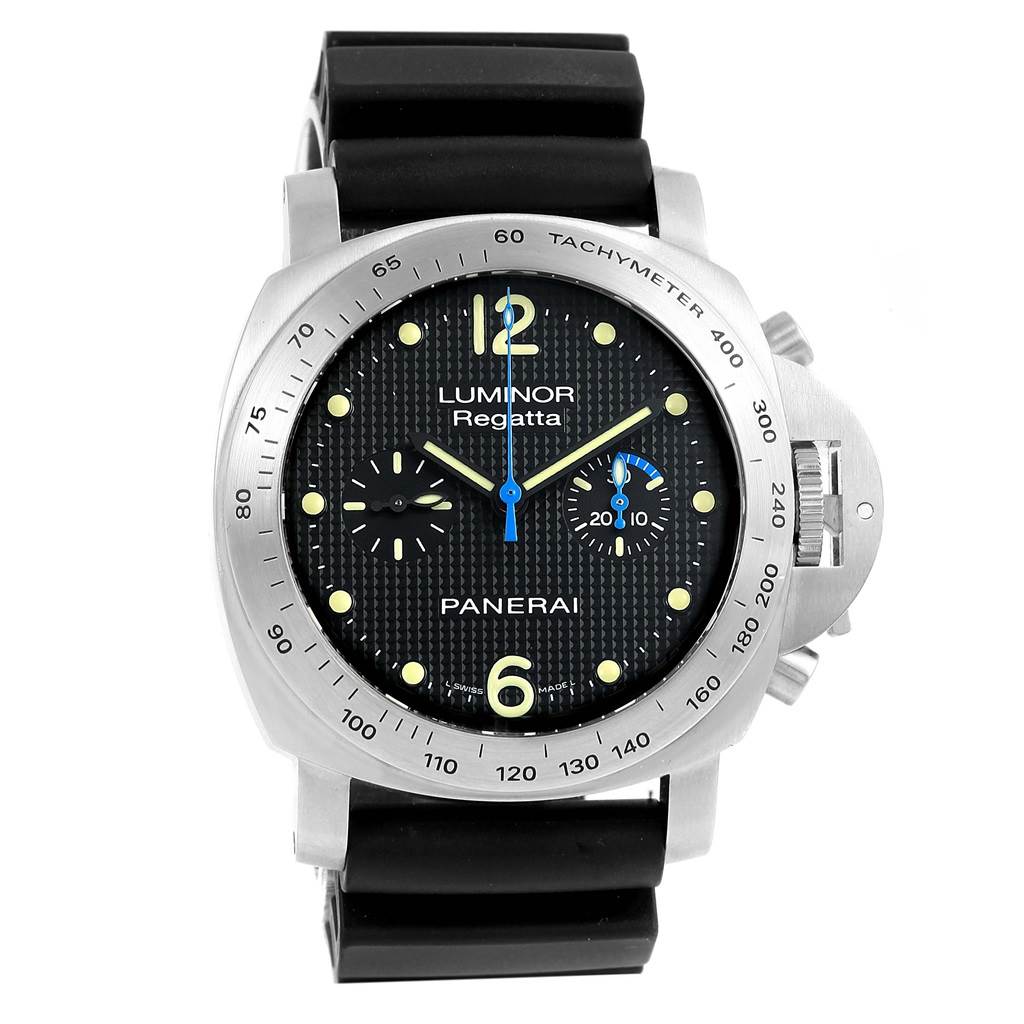 This Panerai Luminor PAM00308 Men
s Stainless Steel Black Dial PAM00308 Men
s Stainless Steel Black Dial model watch is shown from the front, displaying its dial, bezel, and part of the strap.