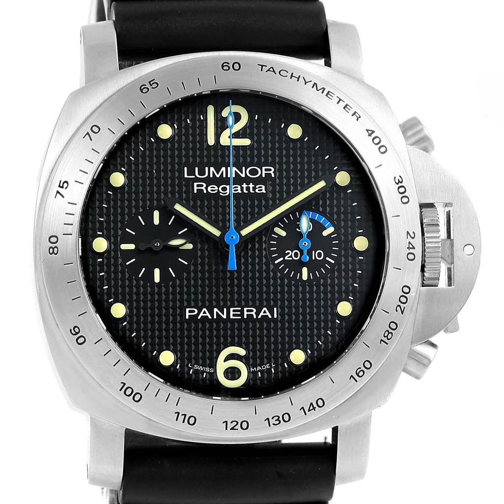 The image shows a front view of the Panerai Luminor PAM00308 Men
s Stainless Steel Black Dial PAM00308 Men
s Stainless Steel Black Dial Regatta watch, displaying the dial, bezel, and part of the strap.
