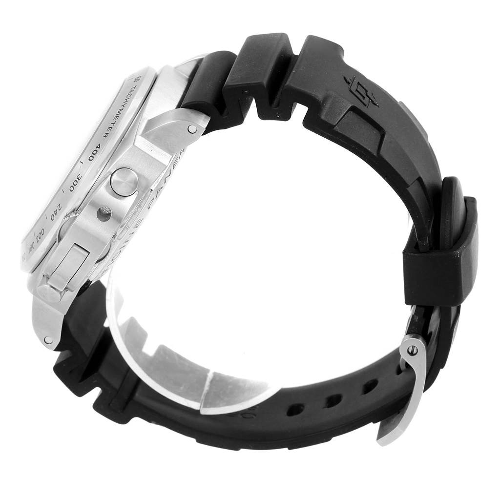 The image shows a side view of a Panerai Luminor PAM00308 Men
s Stainless Steel Black Dial PAM00308 Men
s Stainless Steel Black Dial watch, highlighting the case, pushers, and rubber strap.