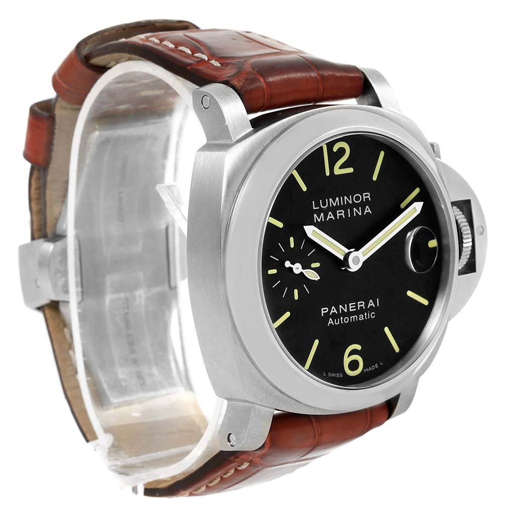The Panerai Luminor PAM00104 Men's Stainless Steel Black Dial PAM00104 Men's Stainless Steel Black Dial watch is shown at a slight angle displaying the dial, case, crown guard, and leather strap.