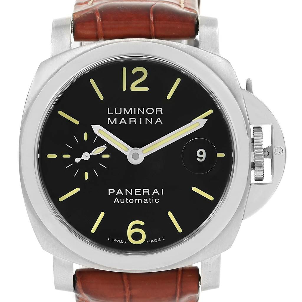 The image shows a front view of a Panerai Luminor PAM00104 Men's Stainless Steel Black Dial PAM00104 Men's Stainless Steel Black Dial Marina watch, displaying the dial, case, and a portion of the strap.