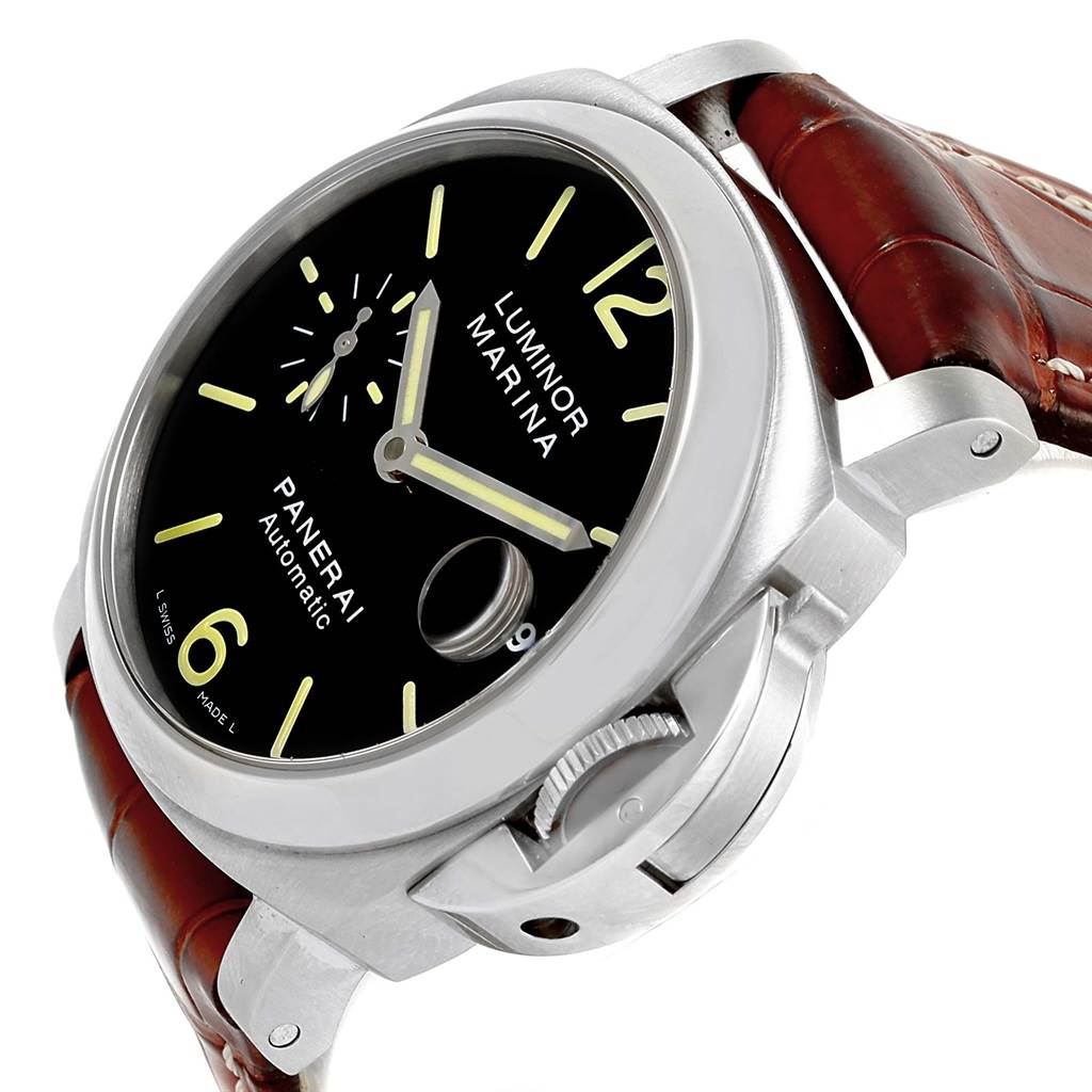 The Panerai Luminor PAM00104 Men's Stainless Steel Black Dial PAM00104 Men's Stainless Steel Black Dial watch is shown at an angle highlighting its dial, crown guard, and leather strap.