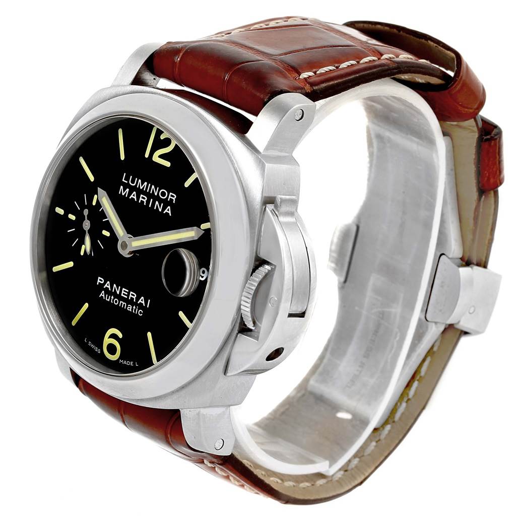 This image shows a Panerai Luminor PAM00104 Men's Stainless Steel Black Dial PAM00104 Men's Stainless Steel Black Dial Marina watch from a front-side angle, highlighting its dial, case, and leather strap.