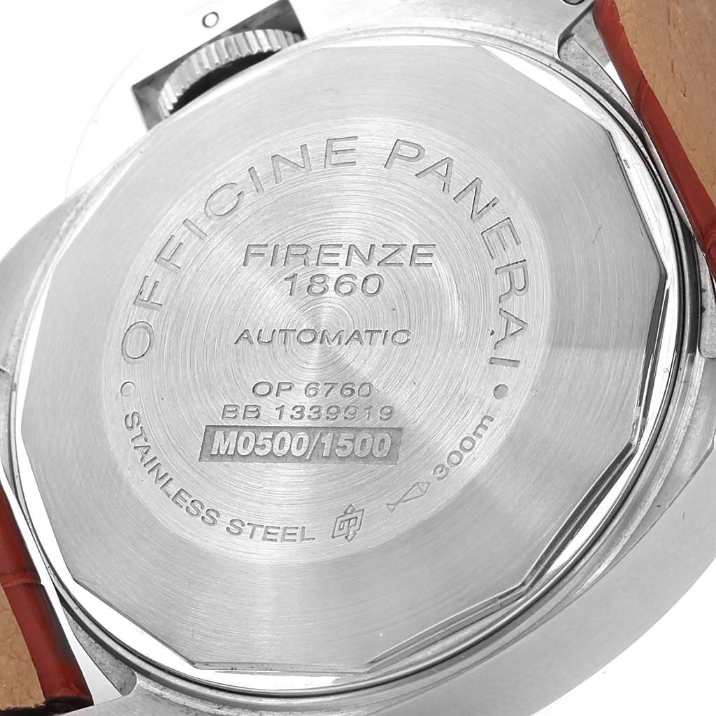 The image shows the back casing of a Panerai Luminor PAM00104 Men's Stainless Steel Black Dial PAM00104 Men's Stainless Steel Black Dial watch, displaying the branding, model details, and serial numbers.