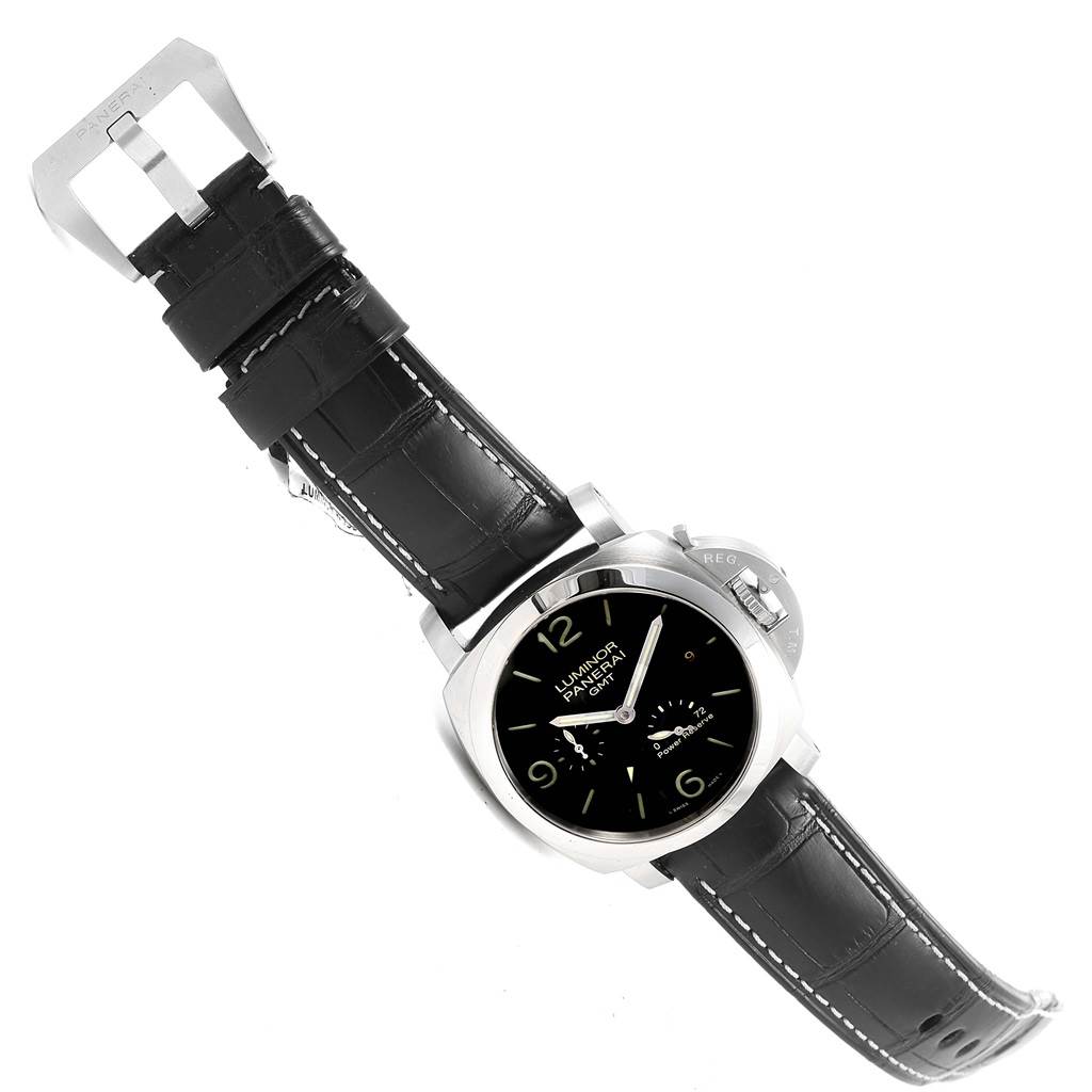 The image shows a Panerai Luminor PAM00321 Men's Stainless Steel Black Dial PAM00321 Men's Stainless Steel Black Dial watch at an angled top-down view, highlighting the face, case, strap, and crown guard.