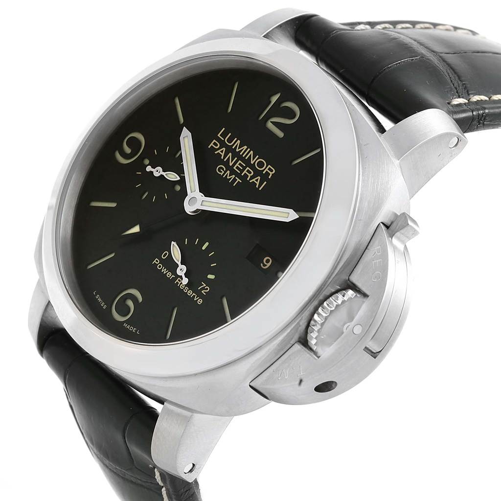 The image shows a side and top view of the Panerai Luminor PAM00321 Men's Stainless Steel Black Dial PAM00321 Men's Stainless Steel Black Dial watch, highlighting the dial, crown guard, and leather strap.