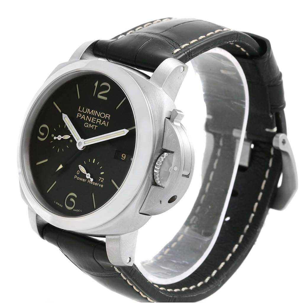 This image shows a Luminor model watch by Panerai at a three-quarter angle, highlighting its face, crown guard, and black leather strap.