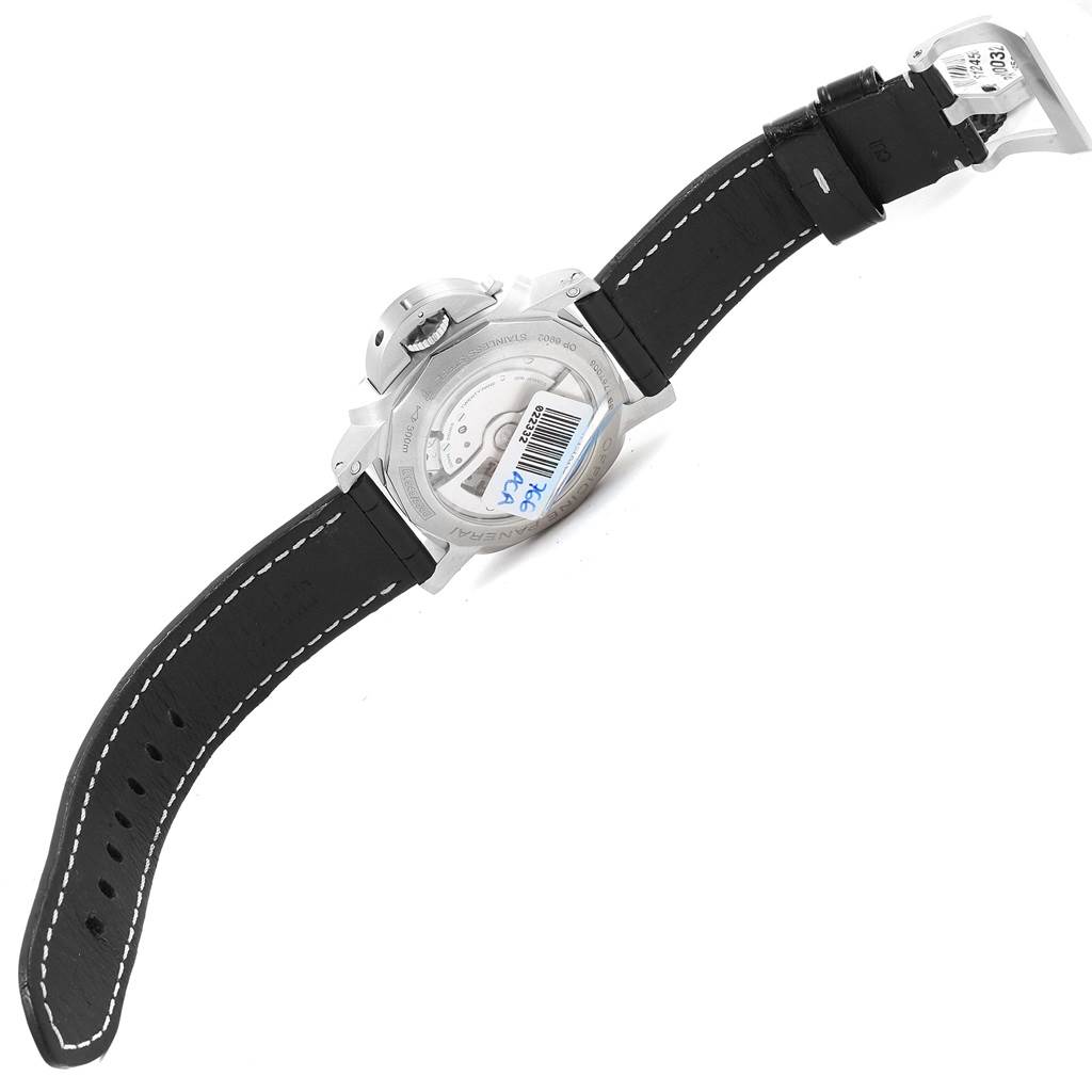 The image shows the back view of the Panerai Luminor PAM00321 Men's Stainless Steel Black Dial PAM00321 Men's Stainless Steel Black Dial watch, revealing the case back and black leather strap.