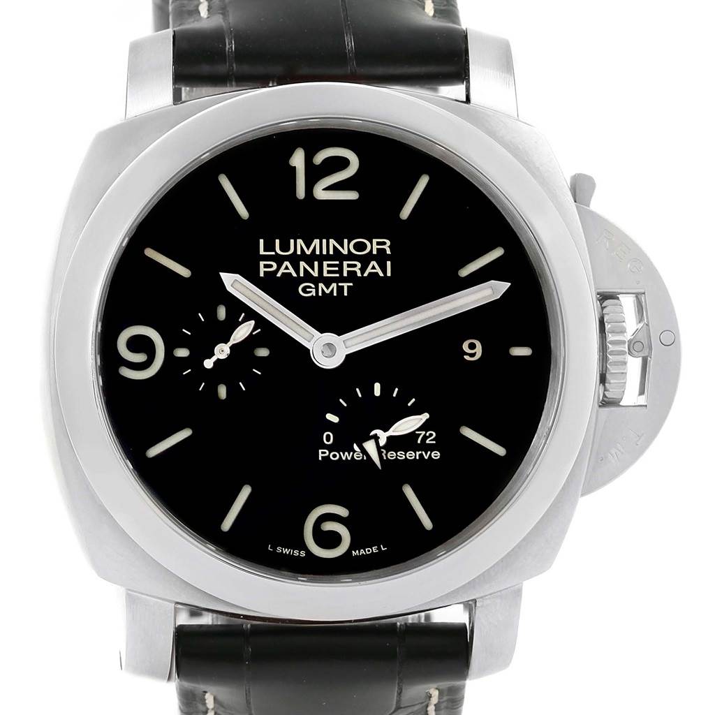 The image shows a front view of a Panerai Luminor PAM00321 Men's Stainless Steel Black Dial PAM00321 Men's Stainless Steel Black Dial GMT watch, displaying the dial, case, crown guard, and leather strap.