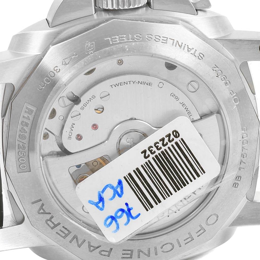 The image shows the back view of a Panerai Luminor PAM00321 Men's Stainless Steel Black Dial PAM00321 Men's Stainless Steel Black Dial watch, displaying its stainless steel case and movement.