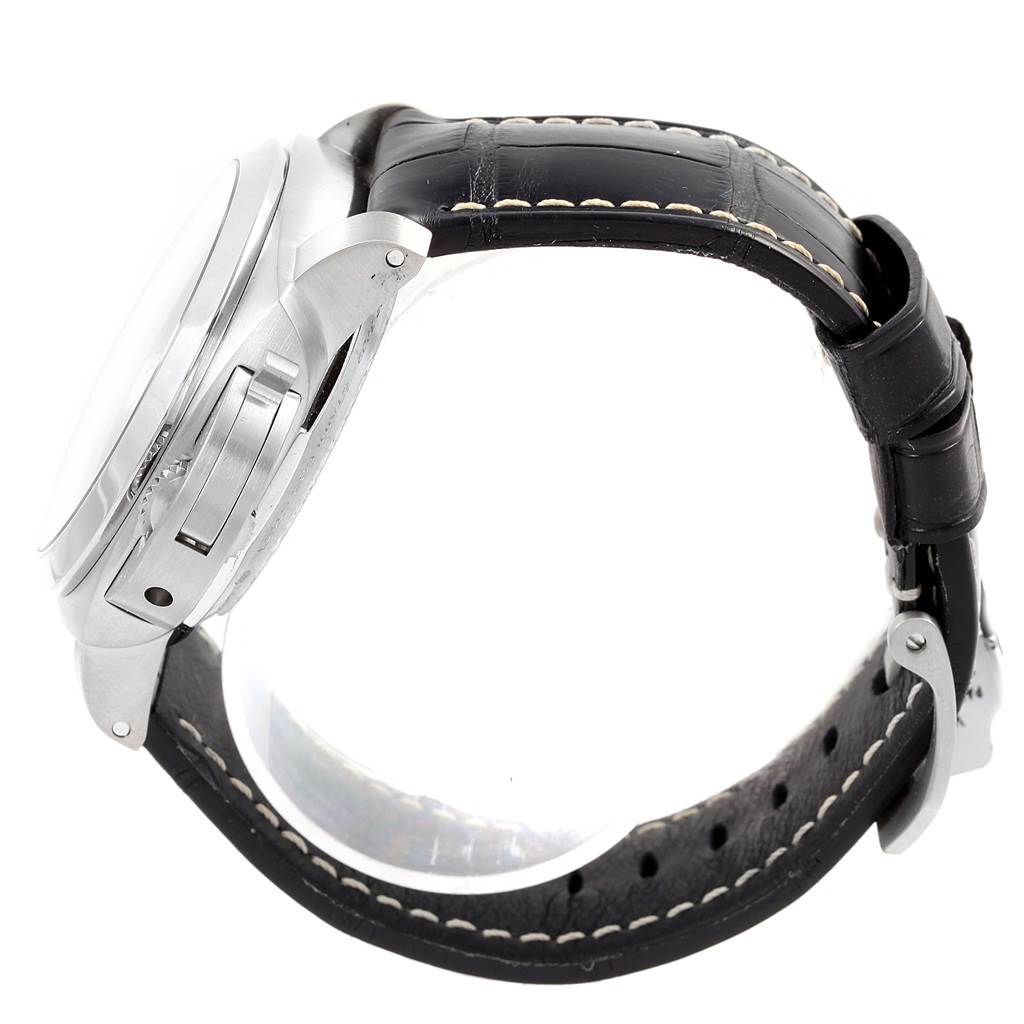 The image shows a side view of the Panerai Luminor PAM00321 Men's Stainless Steel Black Dial PAM00321 Men's Stainless Steel Black Dial watch, highlighting its case, crown guard, and leather strap.