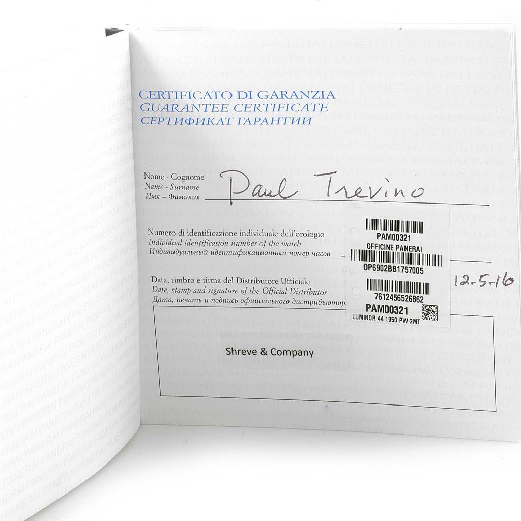 The image shows the guarantee certificate for a Panerai Luminor PAM00321 Men's Stainless Steel Black Dial PAM00321 Men's Stainless Steel Black Dial model watch with identification and distributor details.