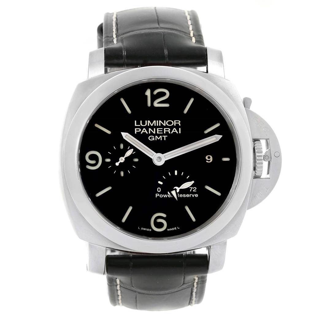 The image shows a front-facing angle of a Panerai Luminor PAM00321 Men's Stainless Steel Black Dial PAM00321 Men's Stainless Steel Black Dial GMT watch, highlighting its black face, dial, and crown guard.