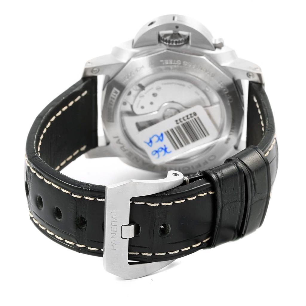 This image shows the Panerai Luminor PAM00321 Men's Stainless Steel Black Dial PAM00321 Men's Stainless Steel Black Dial watch from the back, displaying the movement through the case back and the black leather strap.