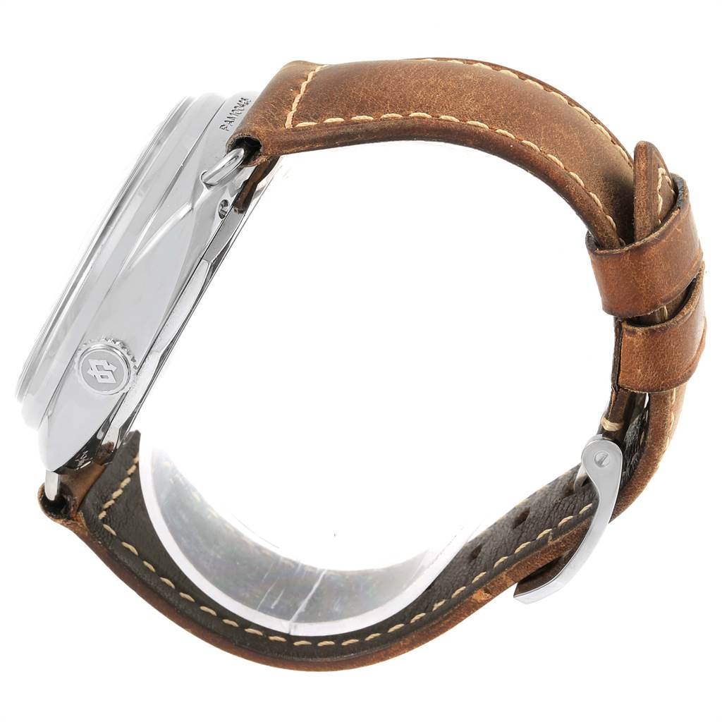 The image shows a side view of a Panerai Radiomir PAM00425 Men's Stainless Steel Black Dial PAM00425 Men's Stainless Steel Black Dial watch with its crown and leather strap visible.