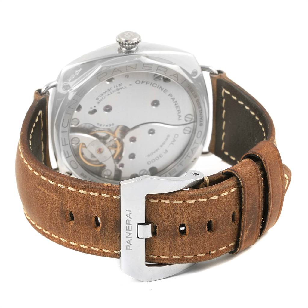 The image shows the back view of a Panerai Radiomir PAM00425 Men's Stainless Steel Black Dial PAM00425 Men's Stainless Steel Black Dial watch, highlighting the movement through the sapphire case back and the brown leather strap with a Panerai buckle.