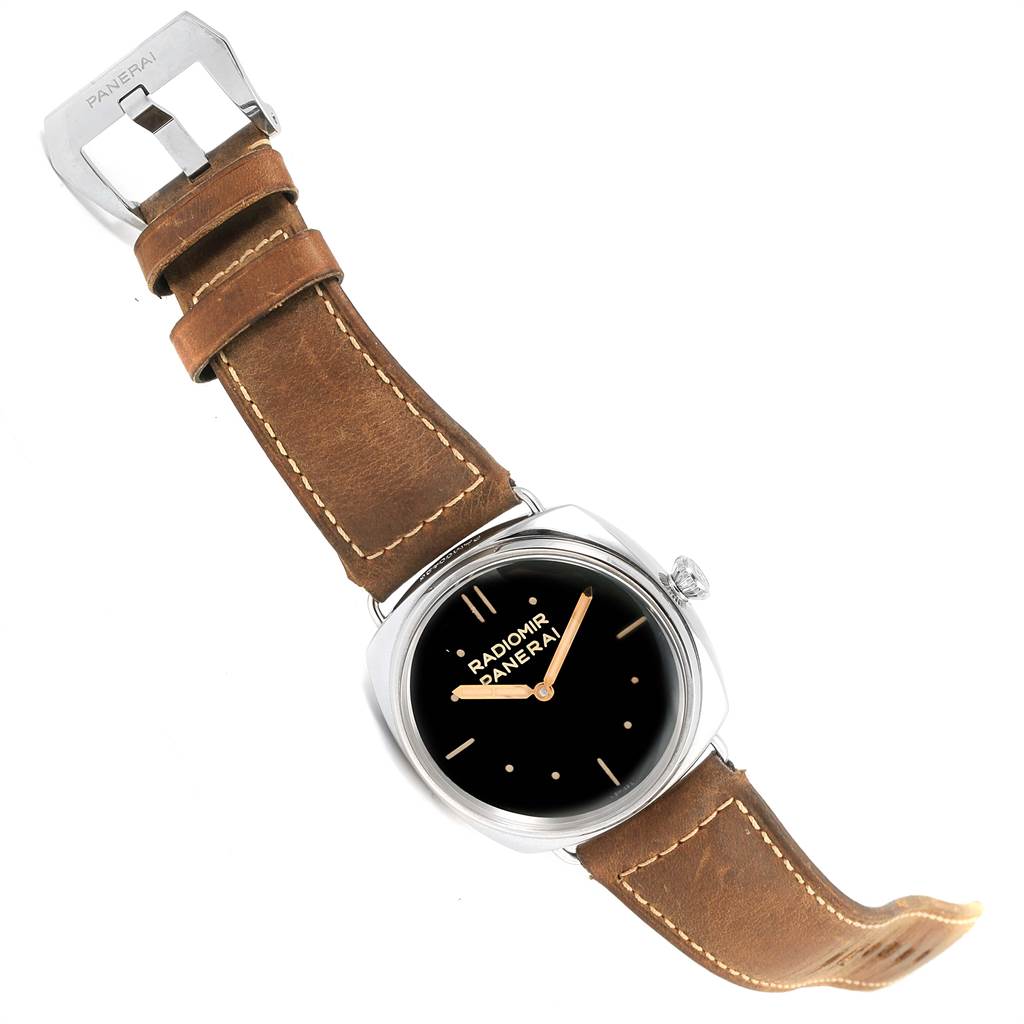 The image shows the front view of a Panerai Radiomir PAM00425 Men's Stainless Steel Black Dial PAM00425 Men's Stainless Steel Black Dial watch with its brown leather strap and stainless steel buckle.