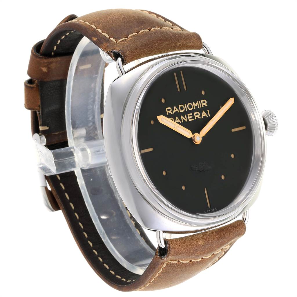 This image shows a Panerai Radiomir PAM00425 Men's Stainless Steel Black Dial PAM00425 Men's Stainless Steel Black Dial watch at a 3/4 angle, highlighting the dial, case, and brown leather strap.