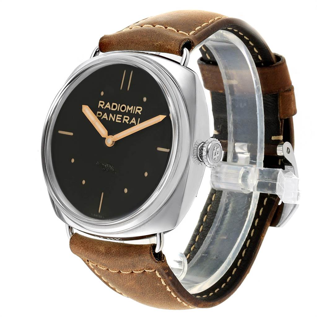 The image shows a Panerai Radiomir PAM00425 Men's Stainless Steel Black Dial PAM00425 Men's Stainless Steel Black Dial watch at a slight angle, highlighting its brown leather strap, crown, and black dial with gold hands.