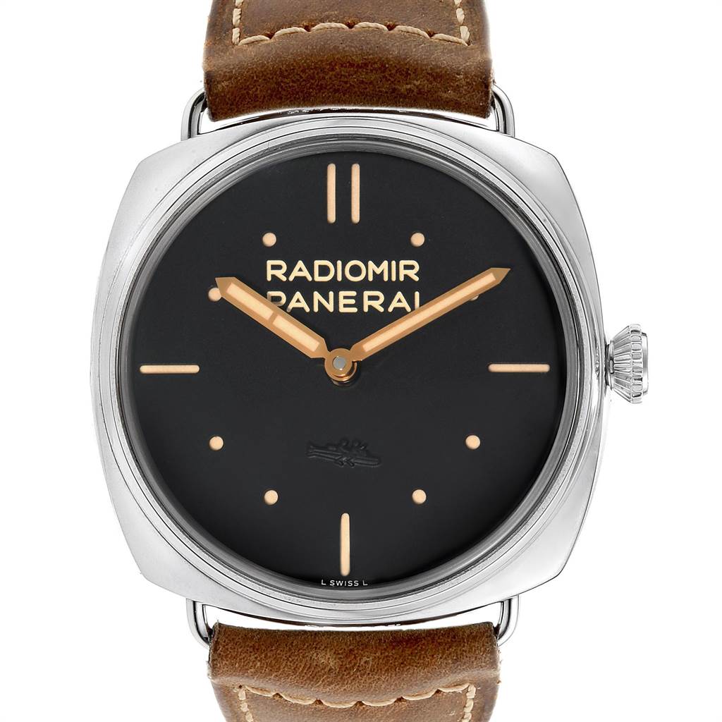 The image shows a front view of a Panerai Radiomir PAM00425 Men's Stainless Steel Black Dial PAM00425 Men's Stainless Steel Black Dial watch, displaying the dial, hour markers, hands, crown, and leather strap.