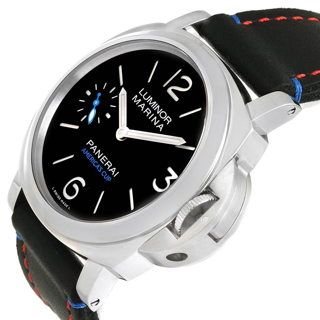 This image shows a Panerai Luminor PAM00724 Men's Stainless Steel Black Dial PAM00724 Men's Stainless Steel Black Dial Marina watch from a front angle, highlighting its dial, crown guard, and strap.