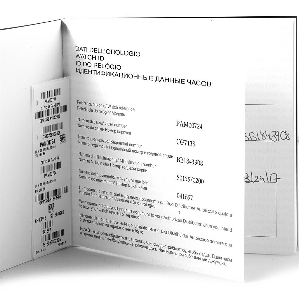 The image shows the identification booklet and warranty card for a Panerai Luminor PAM00724 Men's Stainless Steel Black Dial PAM00724 Men's Stainless Steel Black Dial model, viewed at an angle.