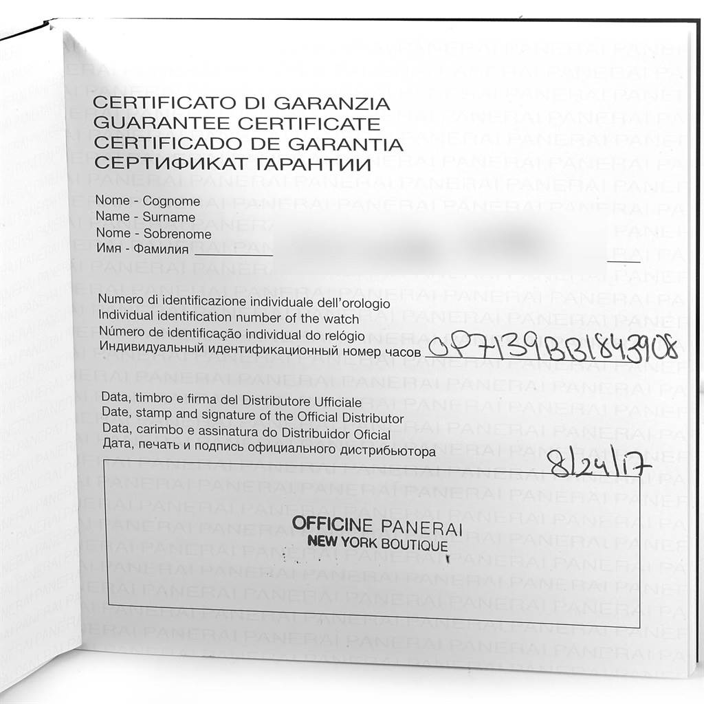 This image shows a guarantee certificate for a Panerai Luminor PAM00724 Men's Stainless Steel Black Dial PAM00724 Men's Stainless Steel Black Dial watch.