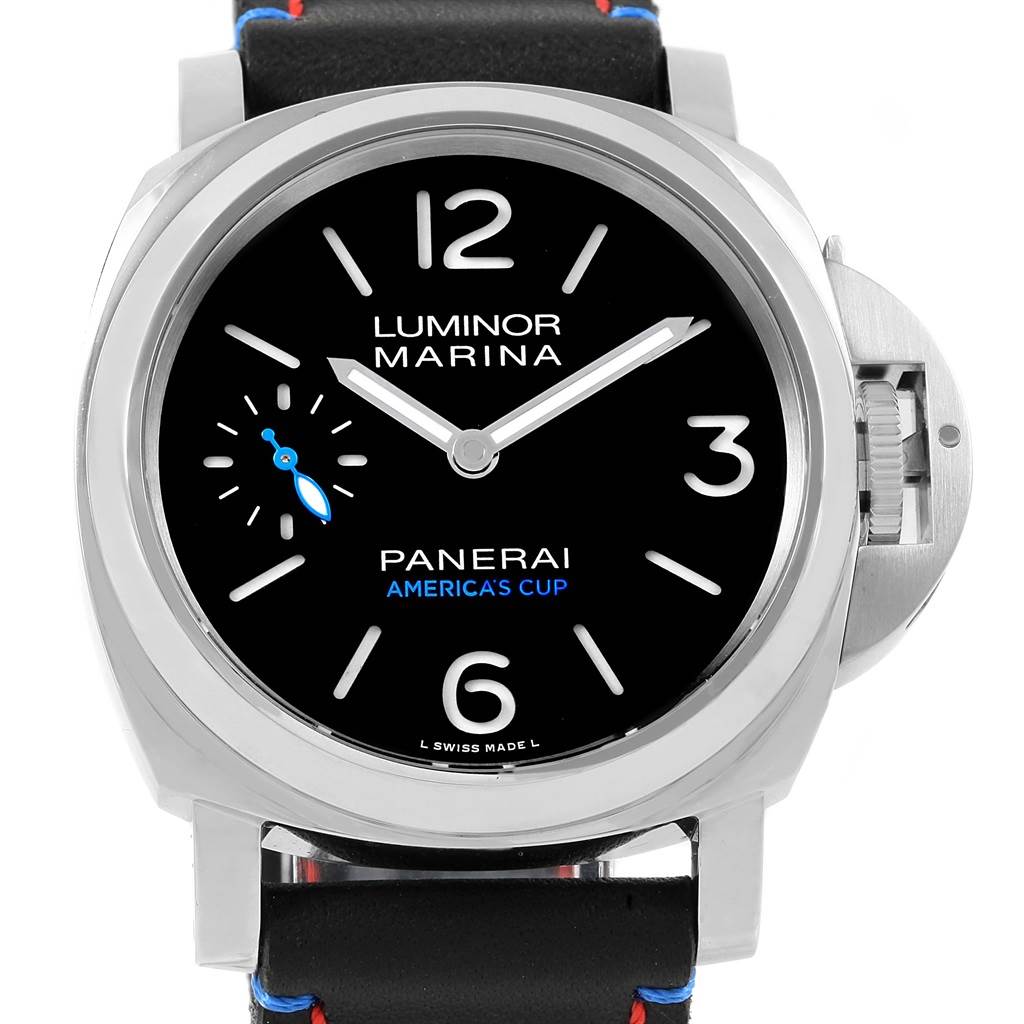 This image shows a front view of the Panerai Luminor PAM00724 Men's Stainless Steel Black Dial PAM00724 Men's Stainless Steel Black Dial Marina America's Cup watch, displaying its face, hands, and crown guard.