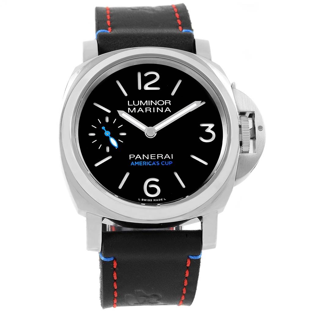 The image shows a front view of a Panerai Luminor PAM00724 Men's Stainless Steel Black Dial PAM00724 Men's Stainless Steel Black Dial Marina watch, highlighting its black dial, numerals, hands, and leather strap.