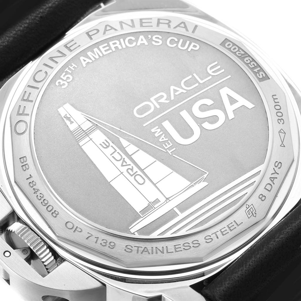 The image shows the back case of a Panerai Luminor PAM00724 Men's Stainless Steel Black Dial PAM00724 Men's Stainless Steel Black Dial watch with engravings, including "35th America's Cup" and "Oracle Team USA."