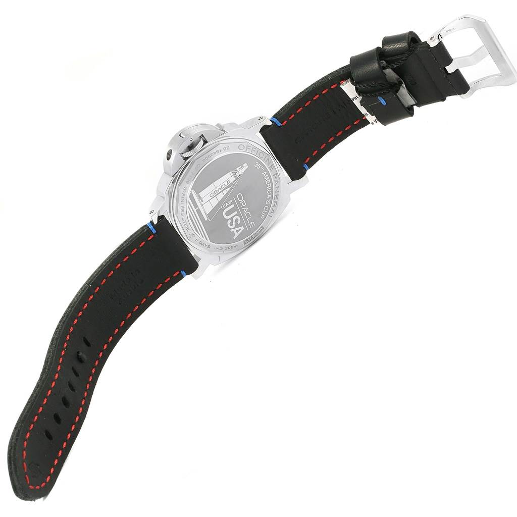 The image shows the back view and strap of a Panerai Luminor PAM00724 Men's Stainless Steel Black Dial PAM00724 Men's Stainless Steel Black Dial watch.